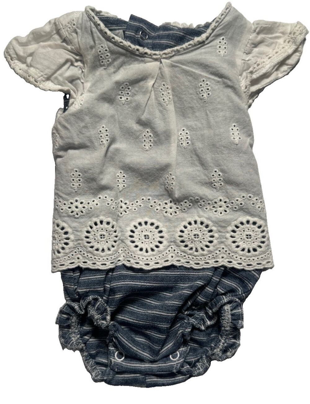 Mud Pie Baby Girl Eyelet Romper Bubble One Piece White Blue Size 6-9 Months